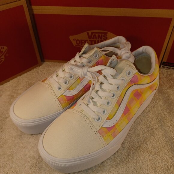 VANS Men's 6.5/Women's 8 Old Skool Stackform Platform Pastel Picnic Pink Plaid - Picture 8 of 13